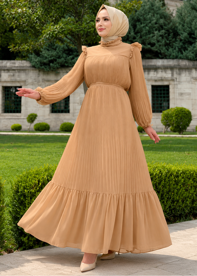 RIDA PLATED FRILL ABAYA | DARK NUDE