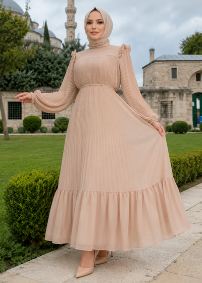 RIDA PLATED FRILL ABAYA | NUDE