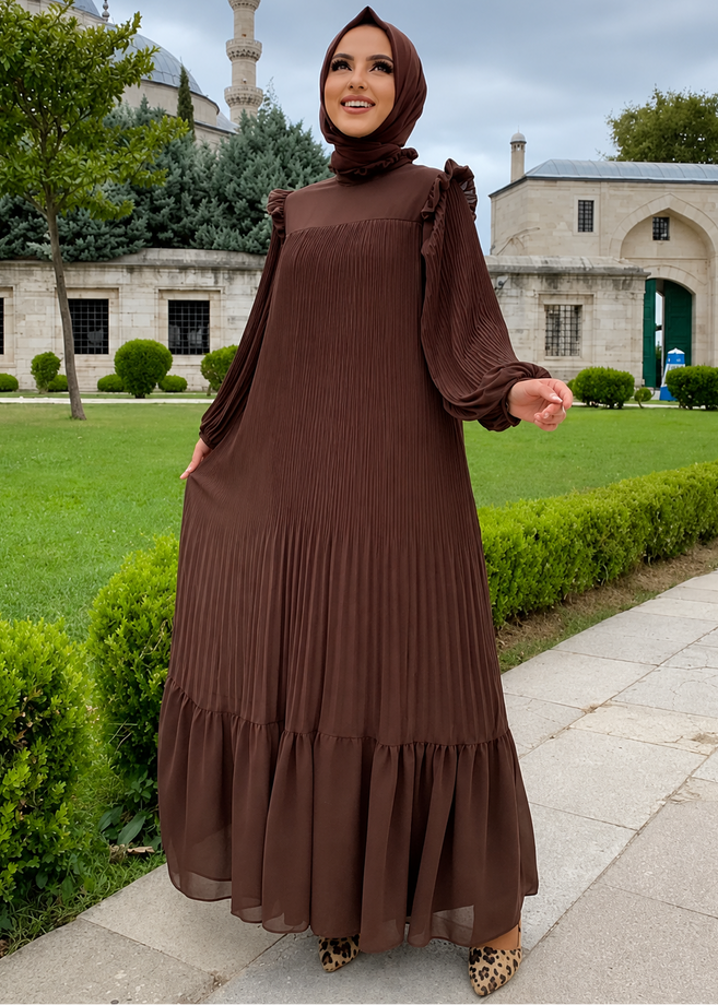 RIDA PLATED FRILL ABAYA | DARK BROWN