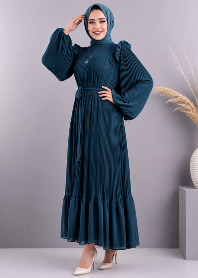 RIDA PLATED FRILL ABAYA | RAMA GREEN