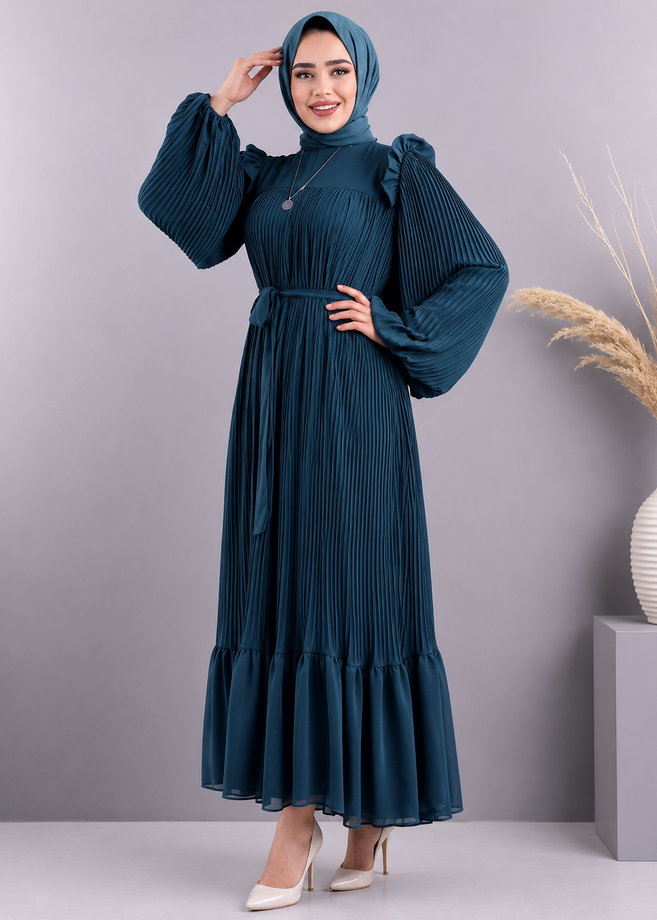 RIDA PLATED FRILL ABAYA | RAMA GREEN