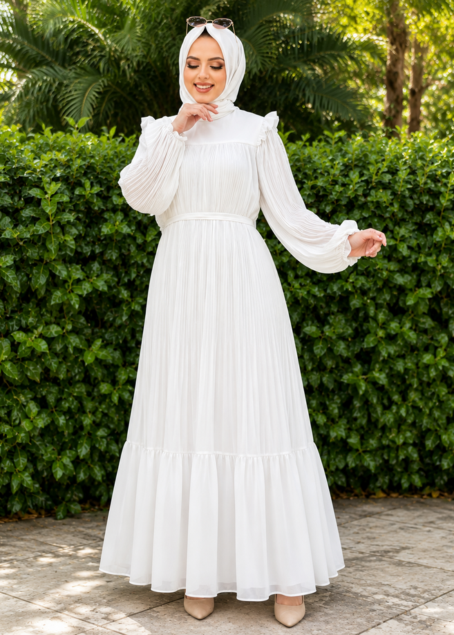 RIDA PLATED FRILL ABAYA | WHITE