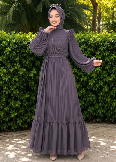 RIDA PLATED FRILL ABAYA | DARK GREY