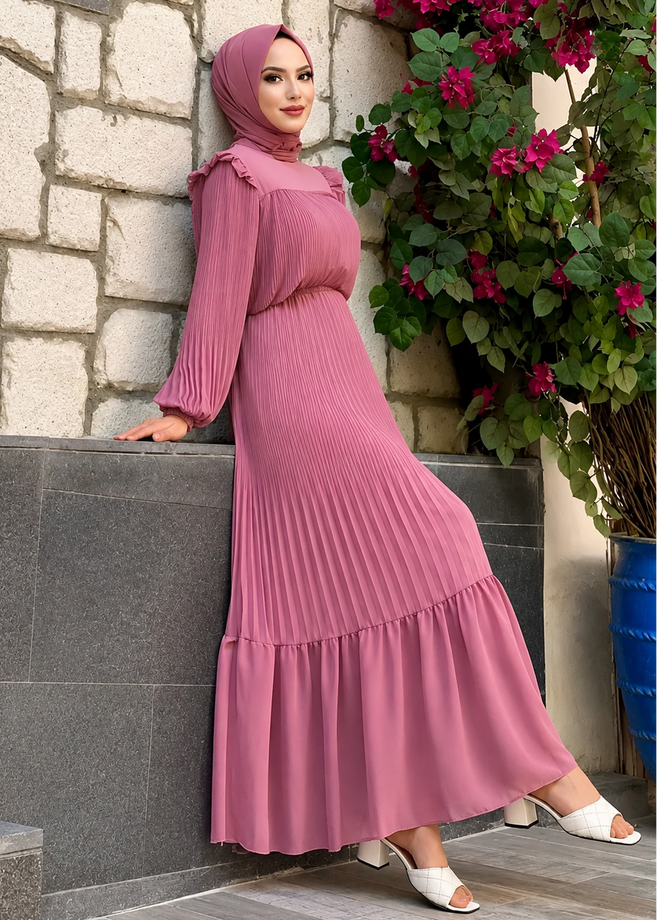 RIDA PLATED FRILL ABAYA | MAUVE PINK
