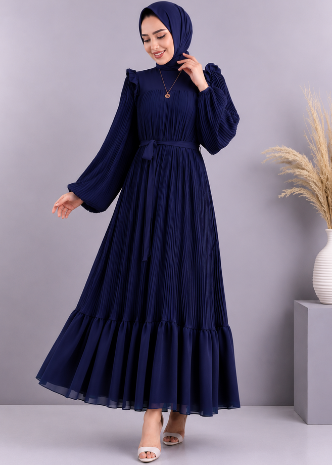 RIDA PLATED FRILL ABAYA | ROYAL BLUE