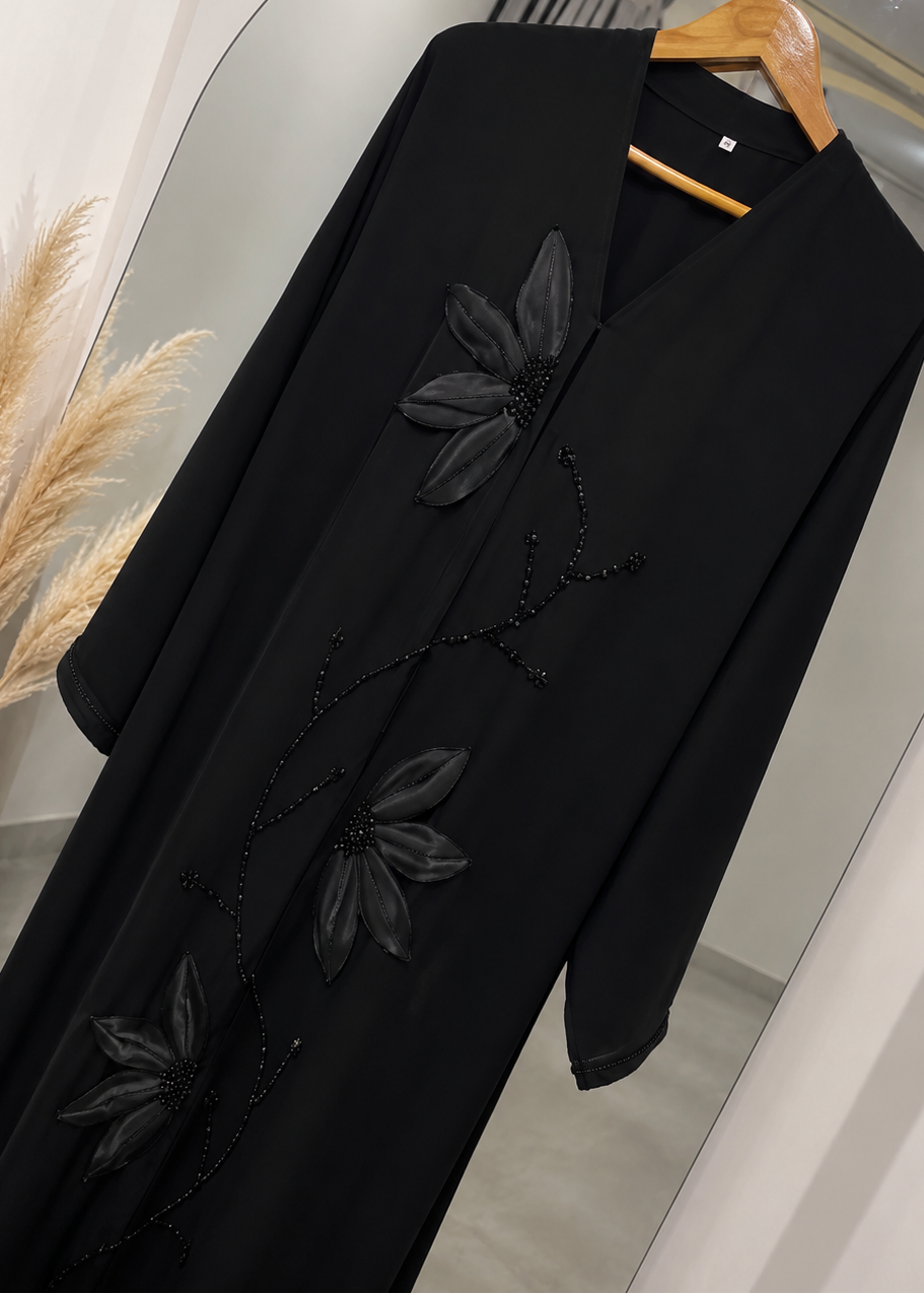 ADEEBA FLORAL ABAYA | BLACK