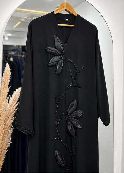 ADEEBA FLORAL ABAYA | BLACK