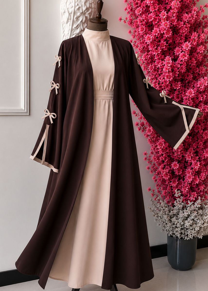 NAYLAH DOUBLE SHRUG BOW ABAYA | COFFEE