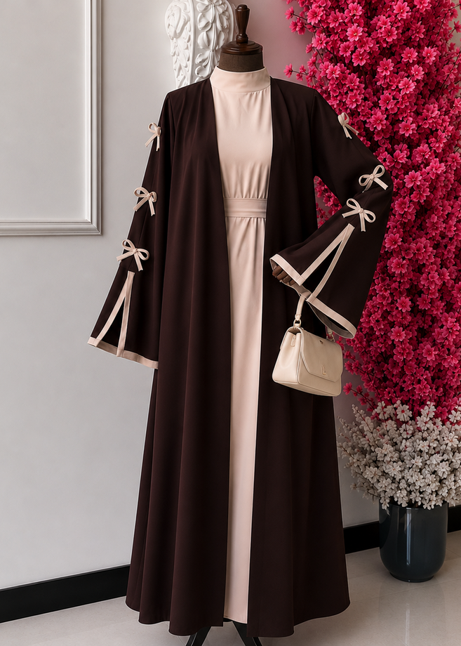 NAYLAH DOUBLE SHRUG BOW ABAYA | COFFEE