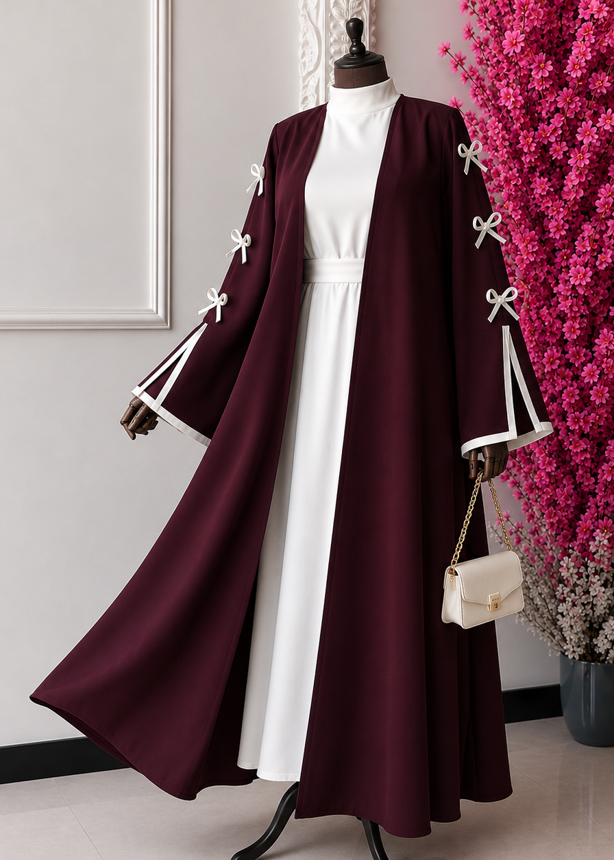 NAYLAH DOUBLE SHRUG BOW ABAYA | MAROON