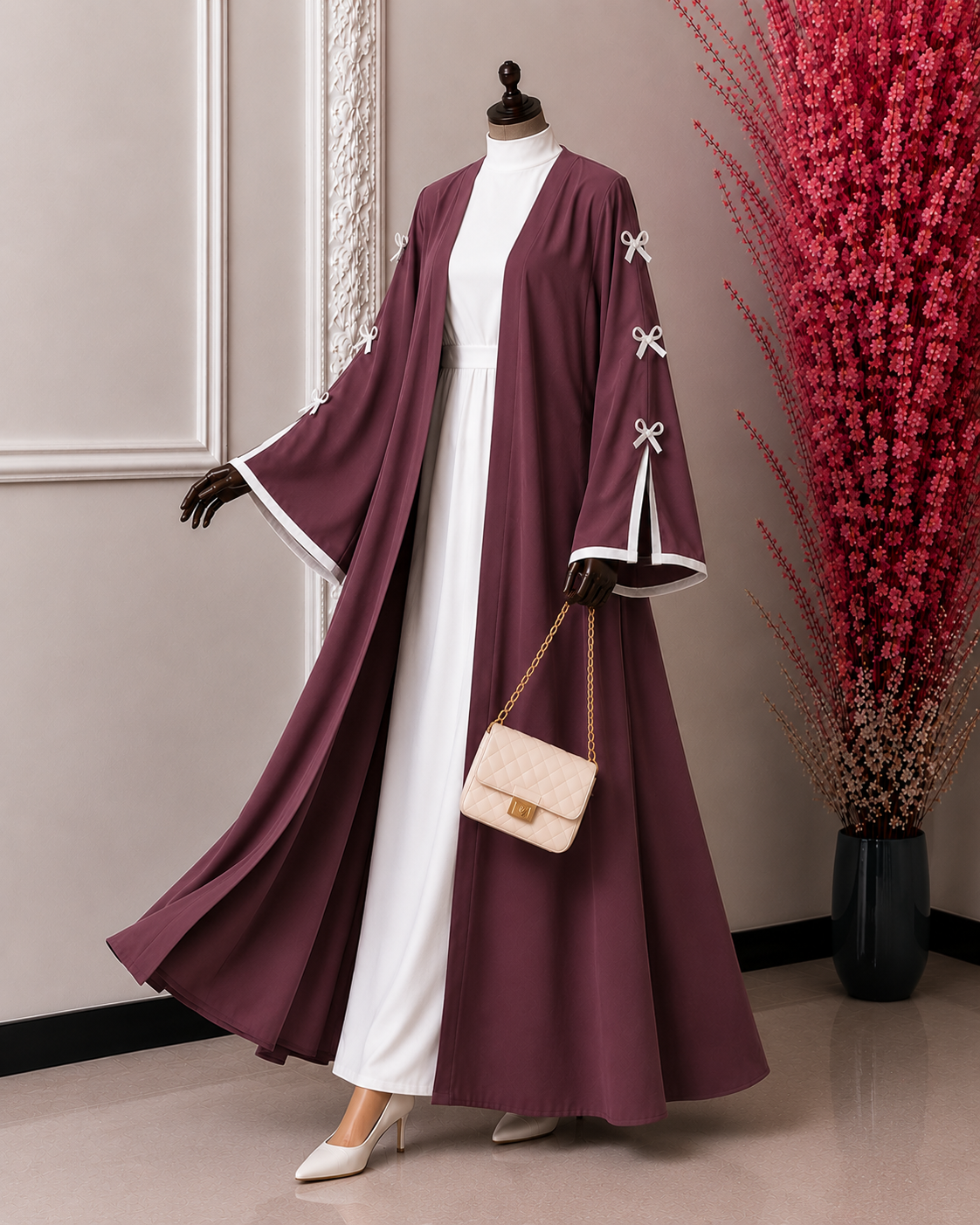 NAYLAH DOUBLE SHRUG BOW ABAYA | DUSTY PINK