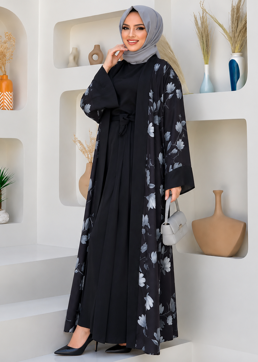 MARHABA DOUBLE SHRUG ABAYA | BLACK