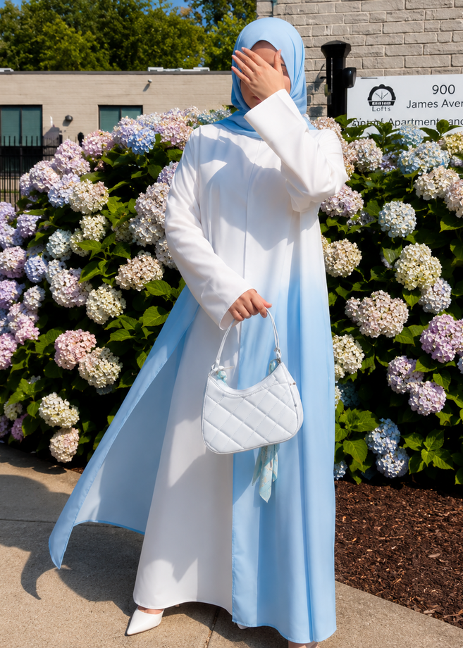 HASEENA DOUBLE SHRUG ABAYA  | SKY BLUE