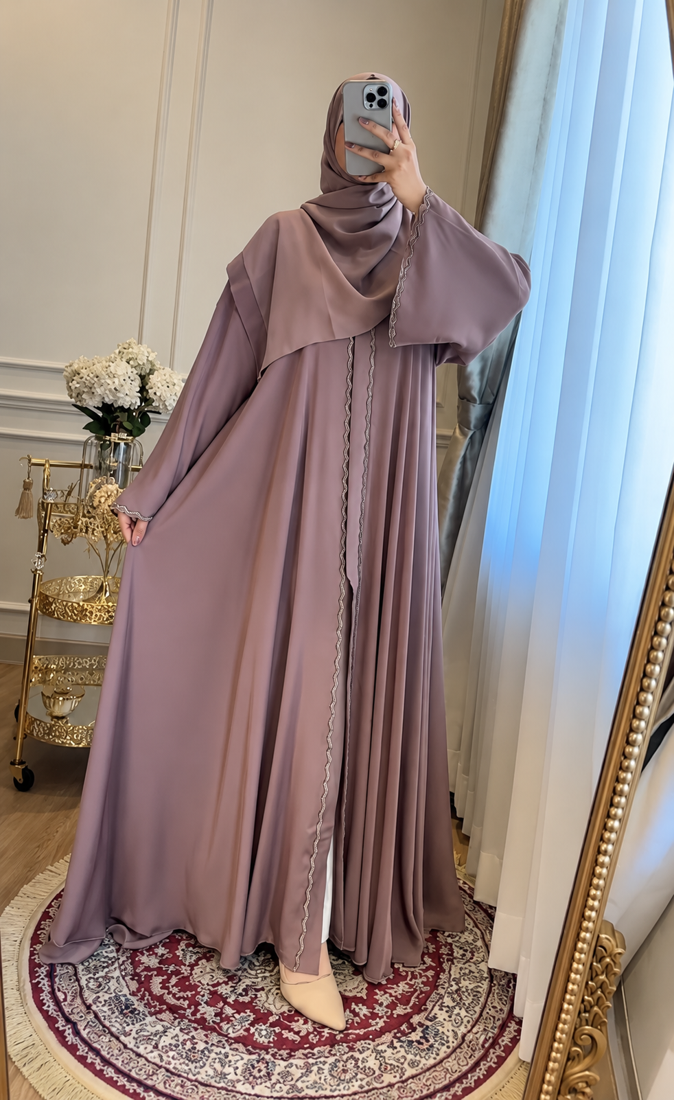 ZAHRA STONE LACE ABAYA | GHESTNUT LITE