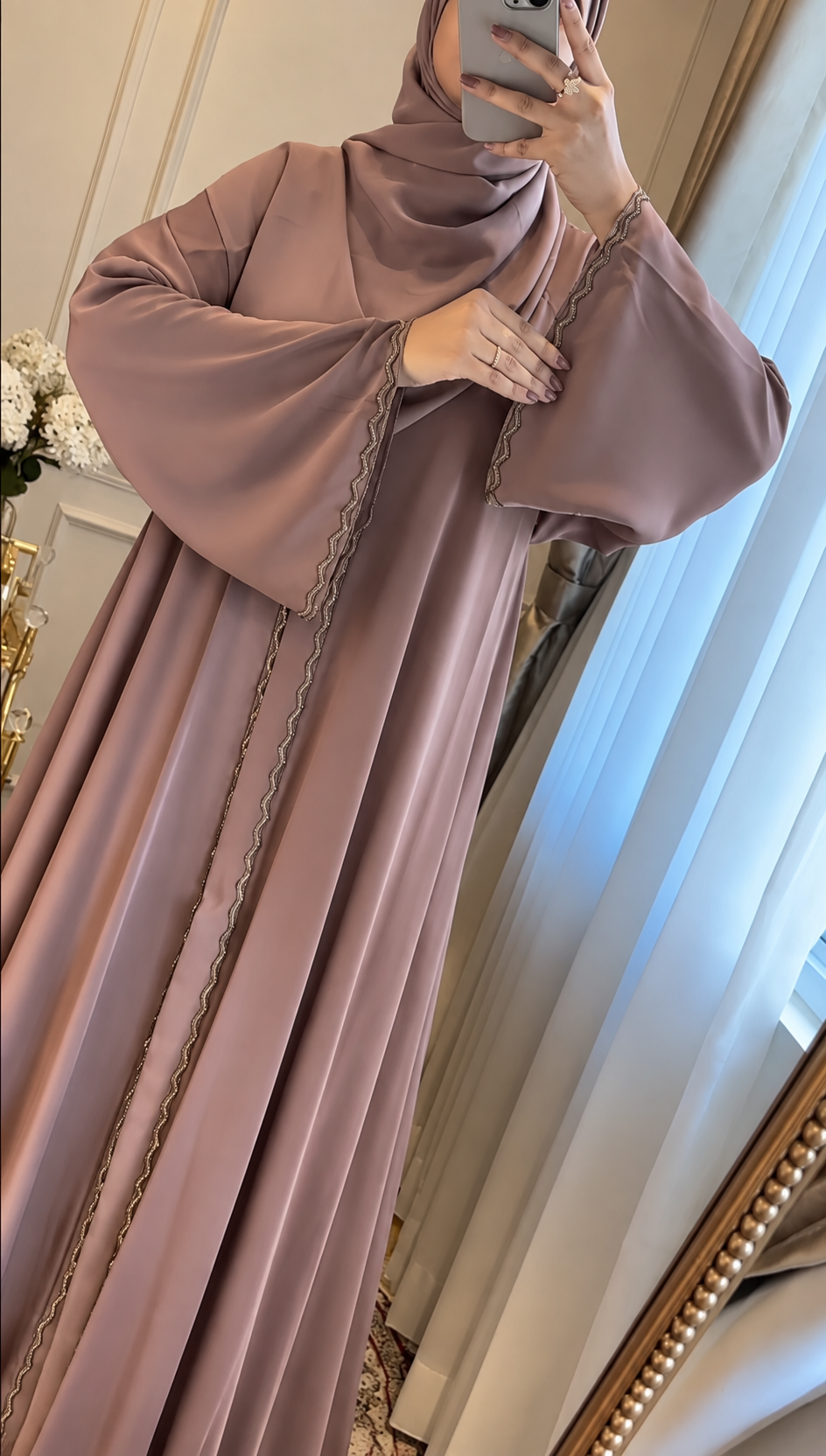 ZAHRA STONE LACE ABAYA | GHESTNUT LITE