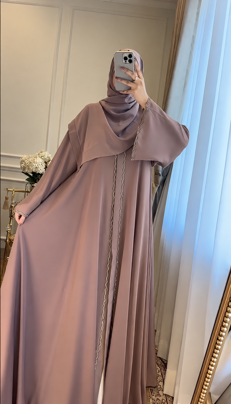 ZAHRA STONE LACE ABAYA | GHESTNUT LITE