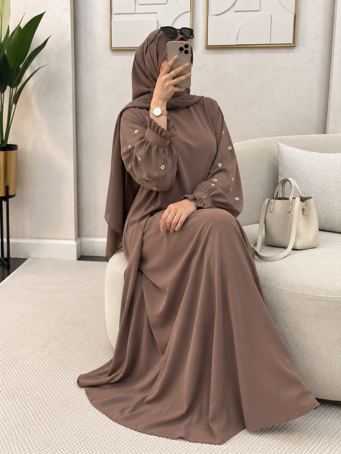 MIRA EMBROIDERY ABAYA | GHESTNUT LITE