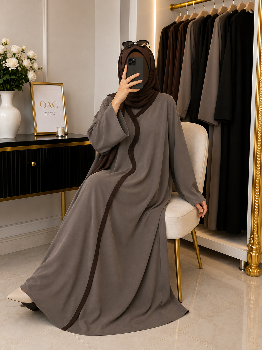 RUBEENA FRONT OPEN ABAYA | COFFEE