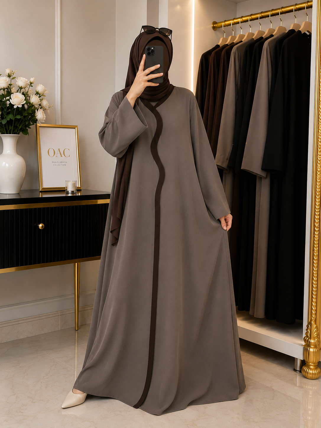 RUBEENA FRONT OPEN ABAYA | COFFEE