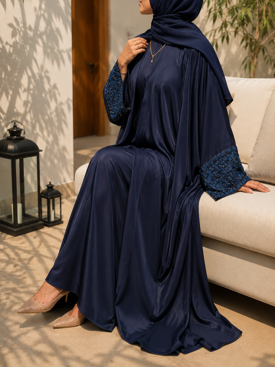 ZENA FLORAL HANDWORK ABAYA | NAVY BLUE
