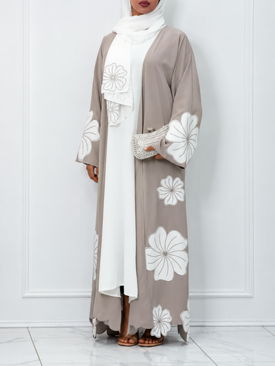 RANIA FLORAL SHRUG ABAYA | NUDE