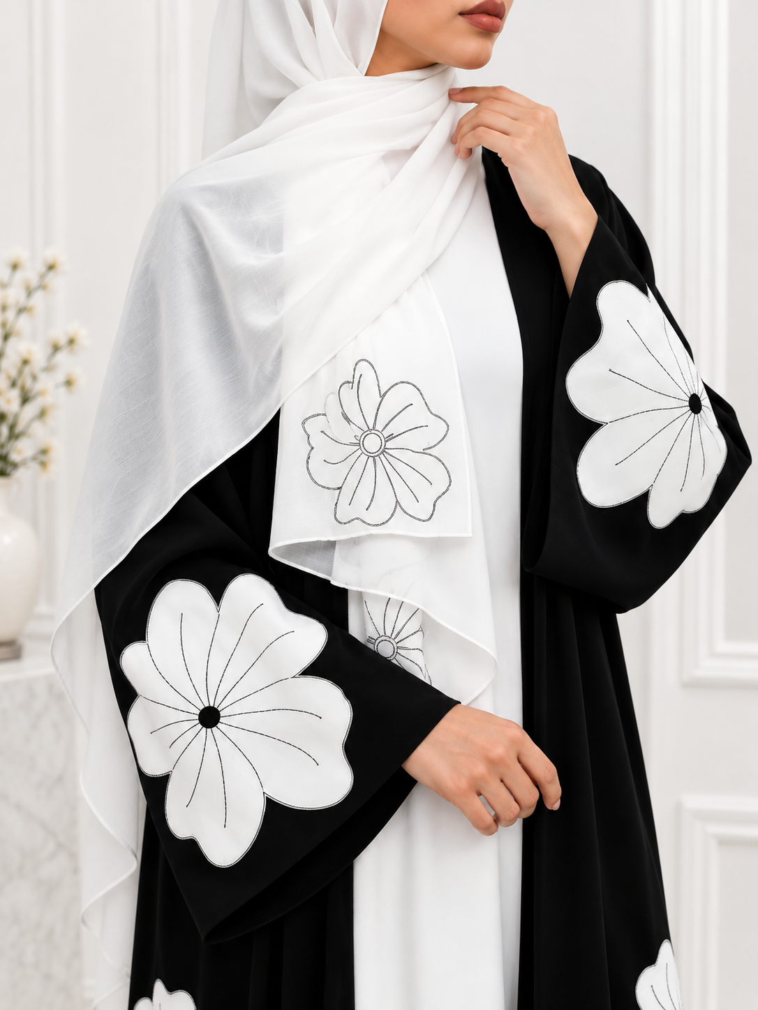 RANIA FLORAL SHRUG ABAYA | BLACK