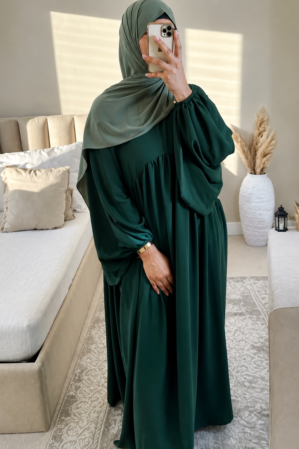 MARYAM BALLOON SLEEVE ABAYA | BOTTLE GREEN