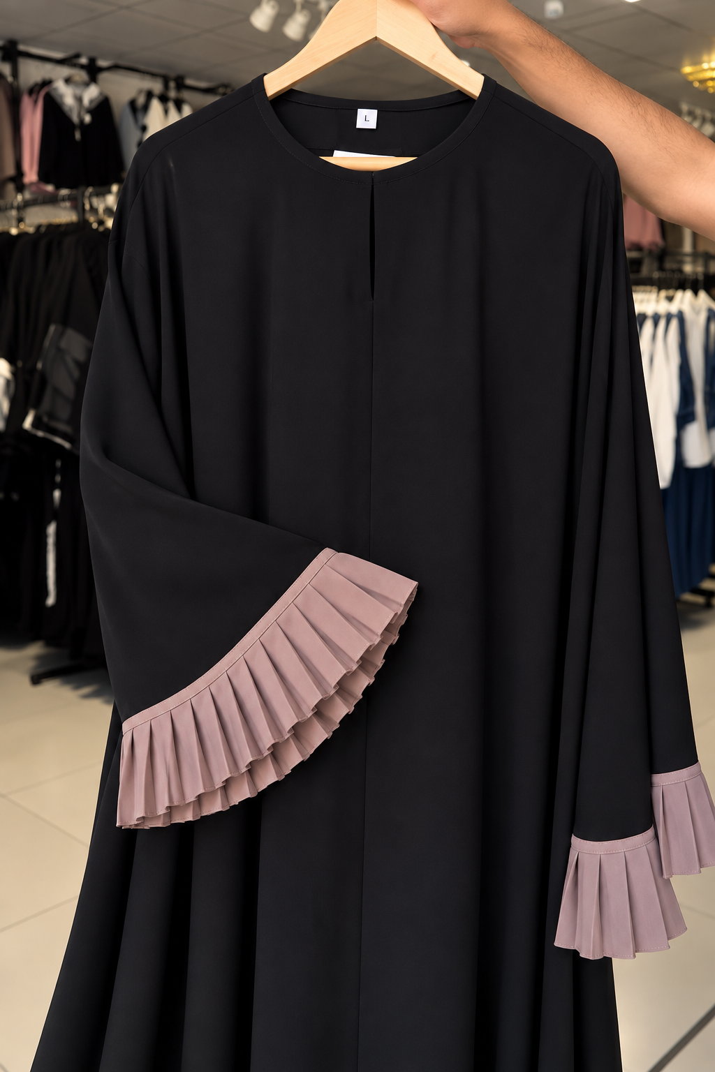 TAZIN PLEATED SLEEVE ABAYA | BLACK