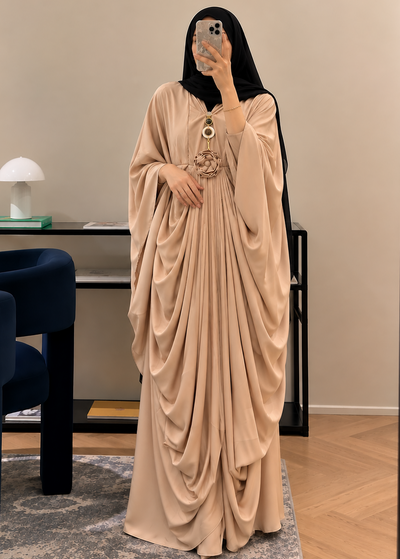 ZARYAB PLEATED KAFTAN ABAYA | NUDE