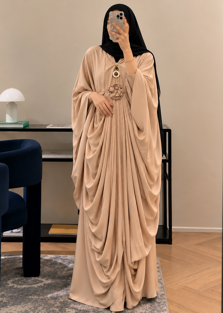 ZARYAB PLEATED KAFTAN ABAYA | NUDE