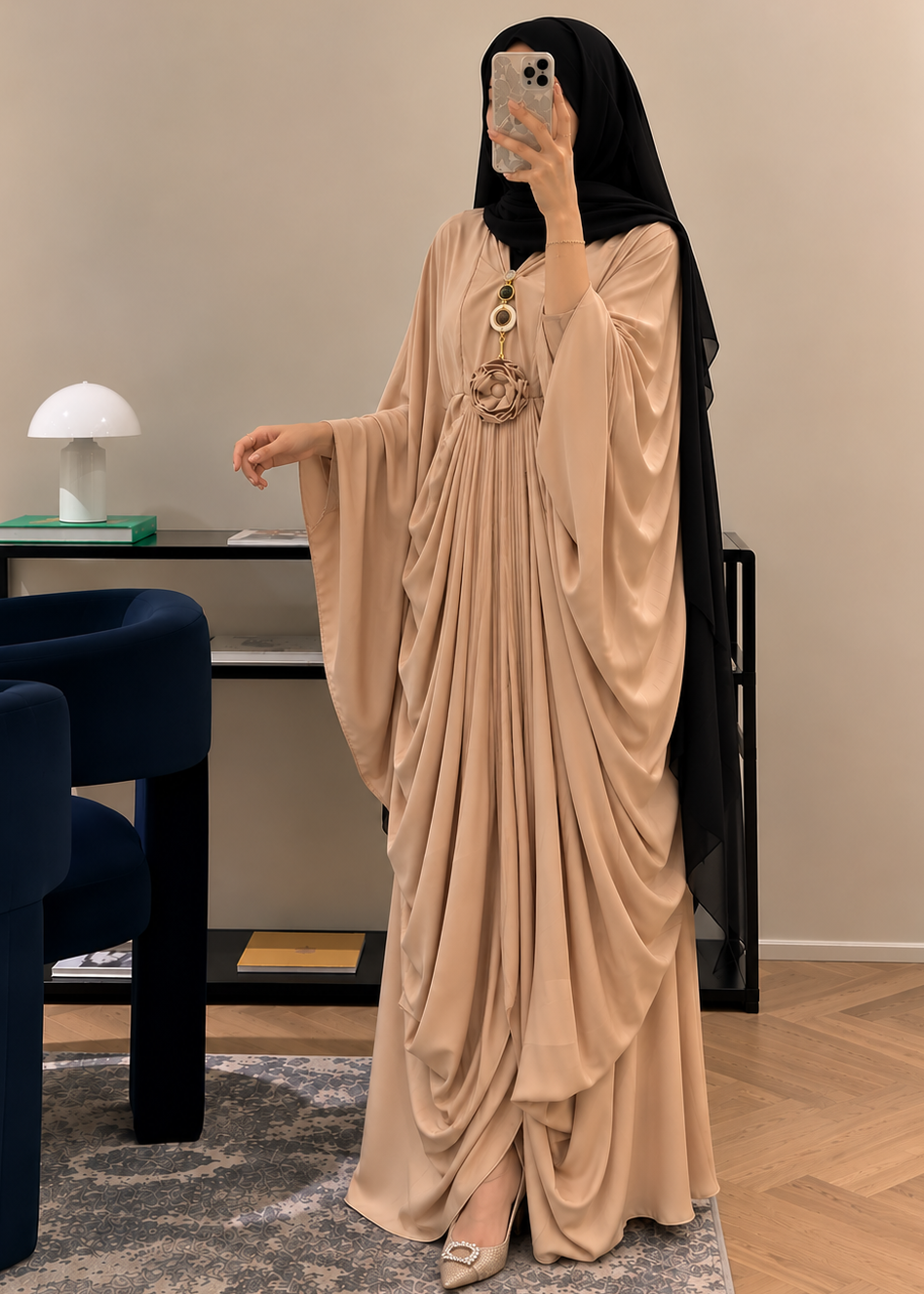 ZARYAB PLEATED KAFTAN ABAYA | NUDE