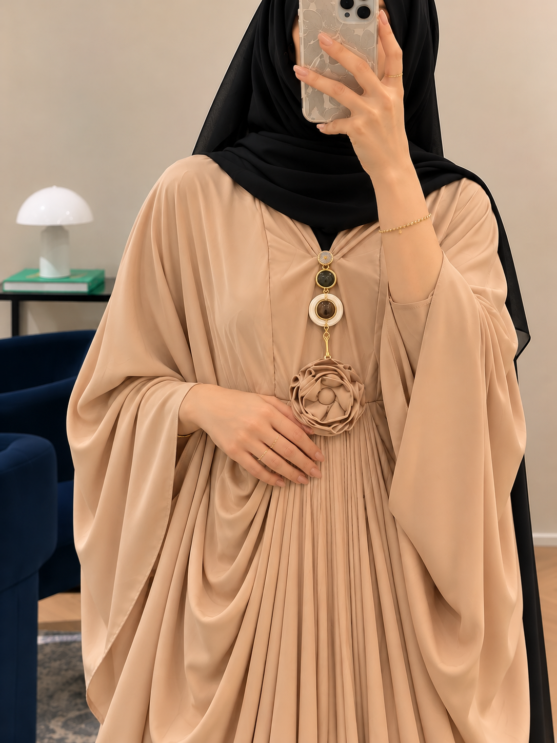 ZARYAB PLEATED KAFTAN ABAYA | NUDE