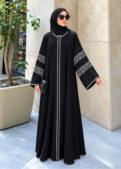 INARA HANDWORK WHITE PIPIN ABAYA | BLACK