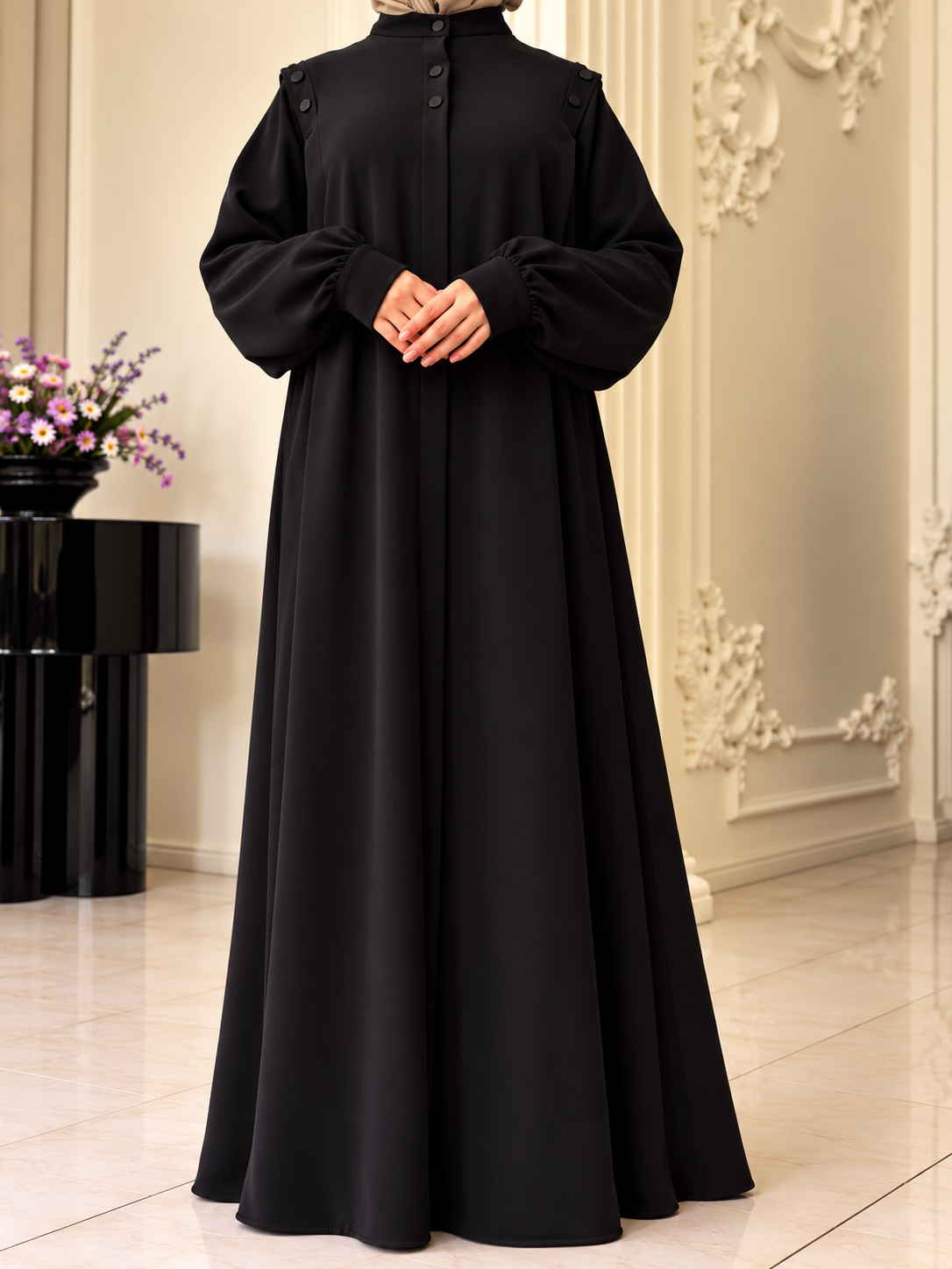 SENEM FRONT OPEN ABAYA | BLACK