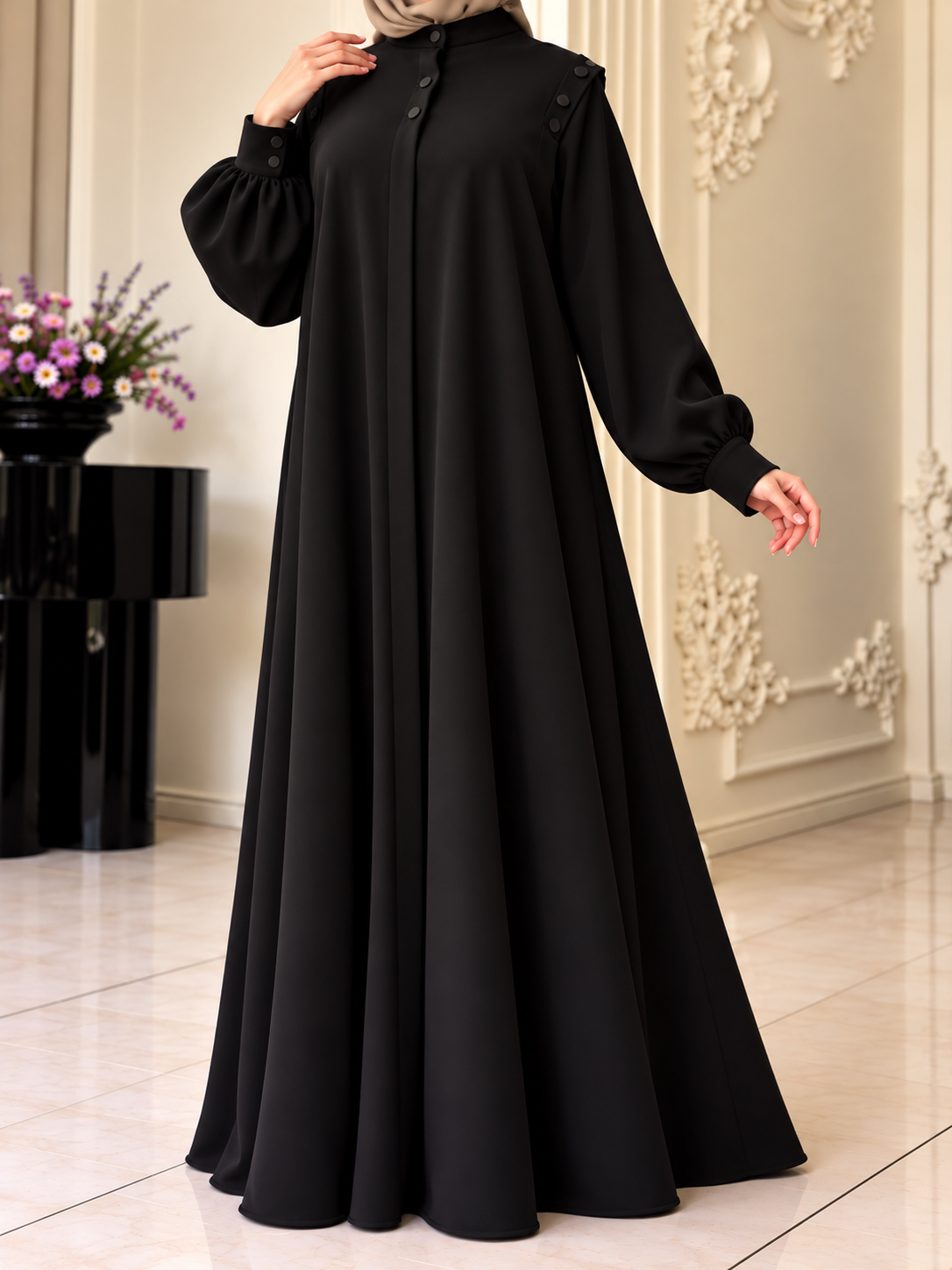 SENEM FRONT OPEN ABAYA | BLACK