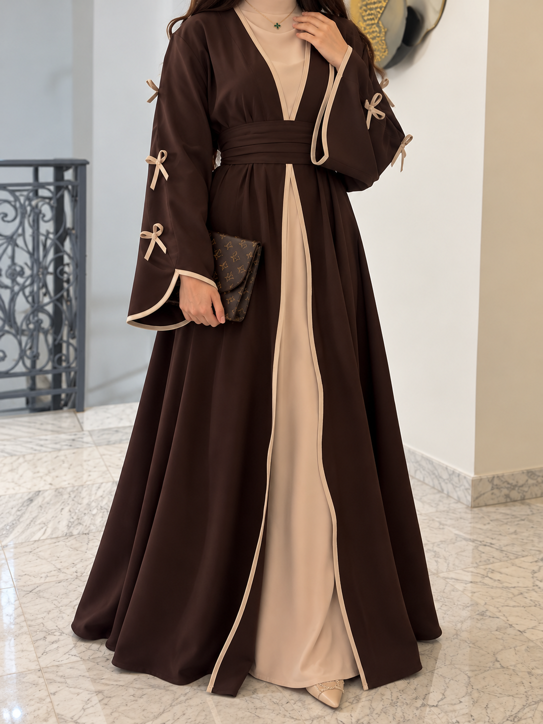 ZOE DOUBLE SHRUG BOW ABAYA | COFFEE