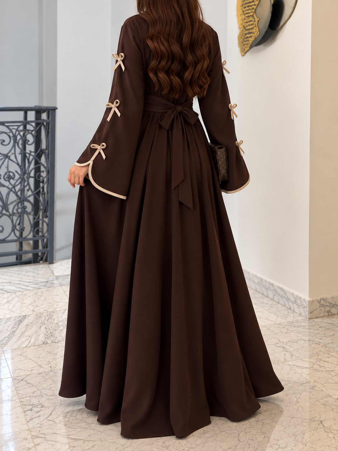ZOE DOUBLE SHRUG BOW ABAYA | COFFEE