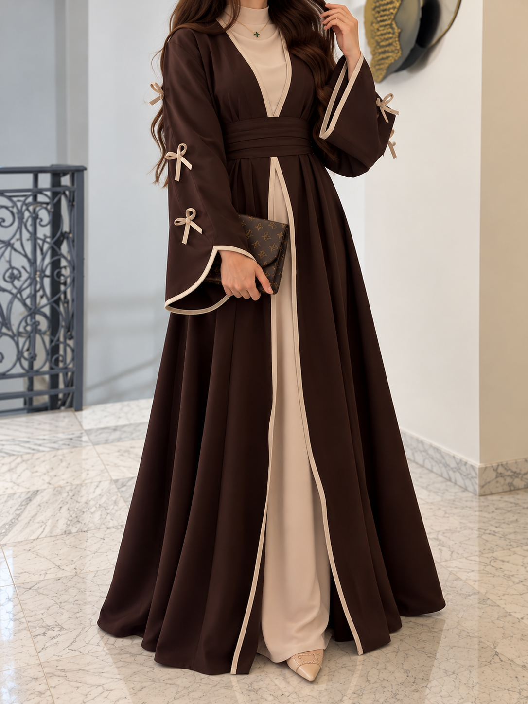 ZOE DOUBLE SHRUG BOW ABAYA | COFFEE