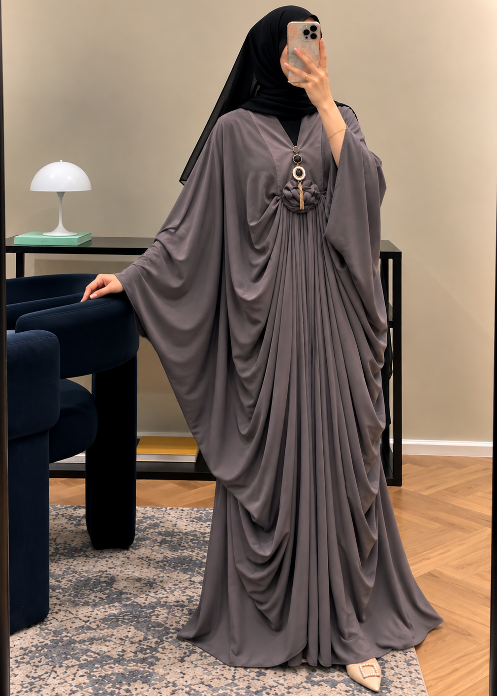 ZARYAB PLEATED KAFTAN ABAYA | SAND GRAY