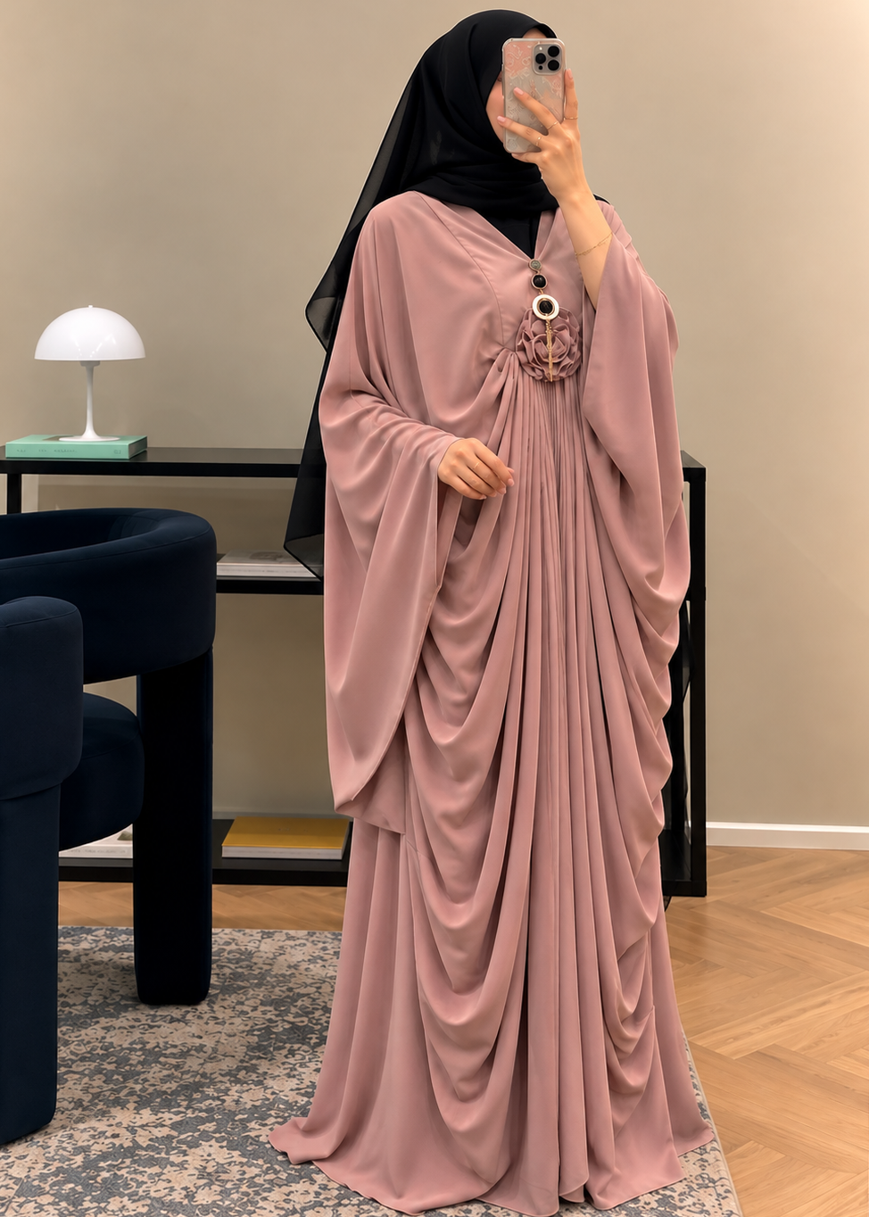 ZARYAB PLEATED KAFTAN ABAYA | PEACH