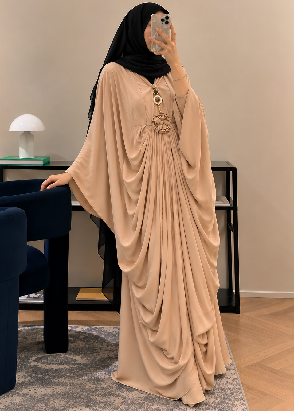ZARYAB PLEATED KAFTAN ABAYA | NUDE