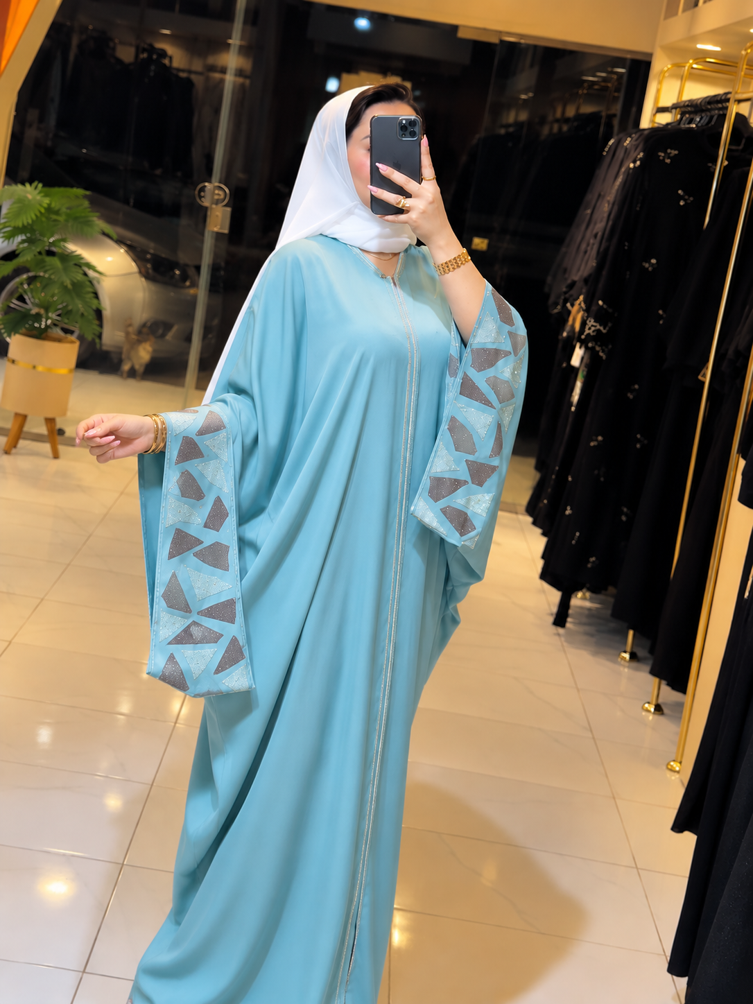 REEM STONE WORK ABAYA | SEA GREEN