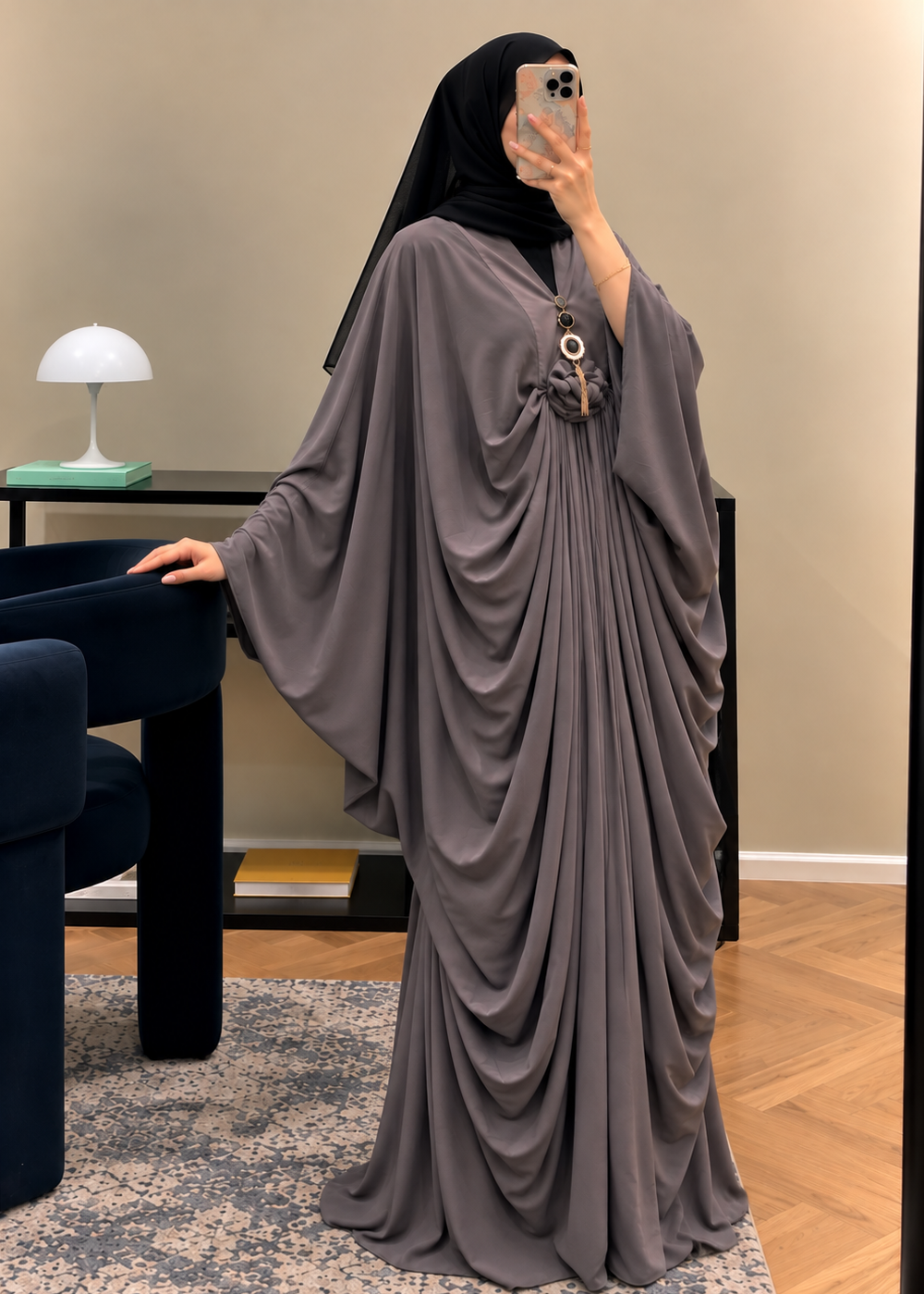 ZARYAB PLEATED KAFTAN ABAYA | SAND GRAY