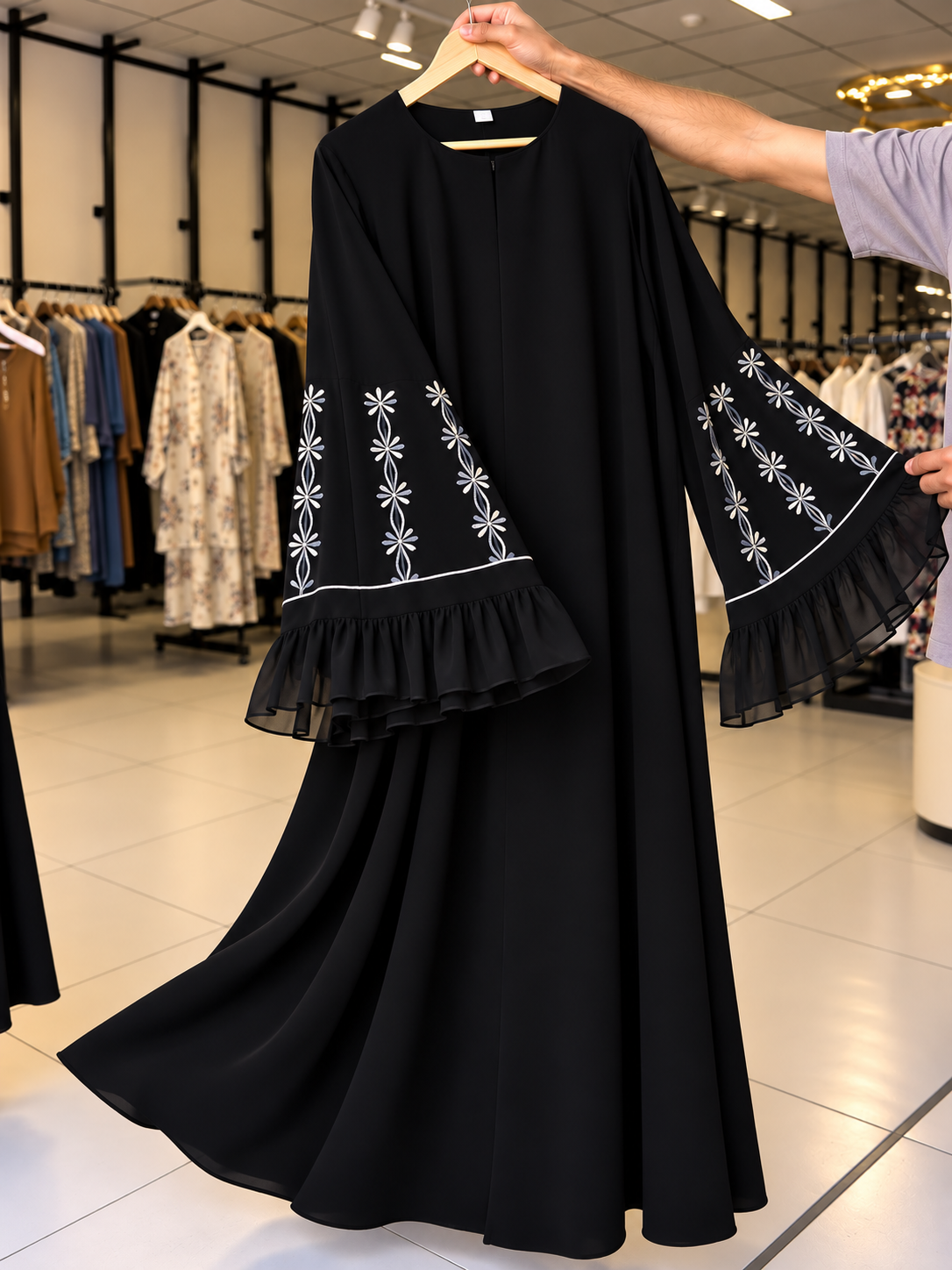 ANAH RUFFLE SLEEVE ABAYA | BLACK