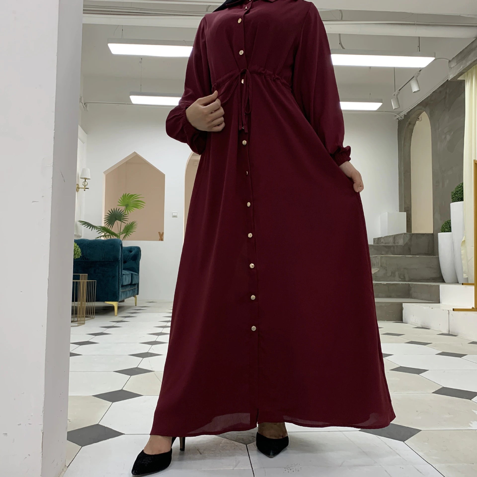 New Launch Huriya Front Open Collar Abaya MAROON ( Limited Stock )