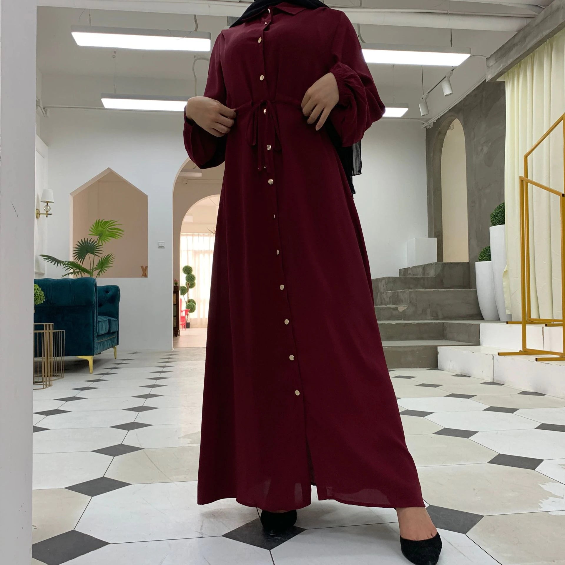 New Launch Huriya Front Open Collar Abaya MAROON ( Limited Stock )