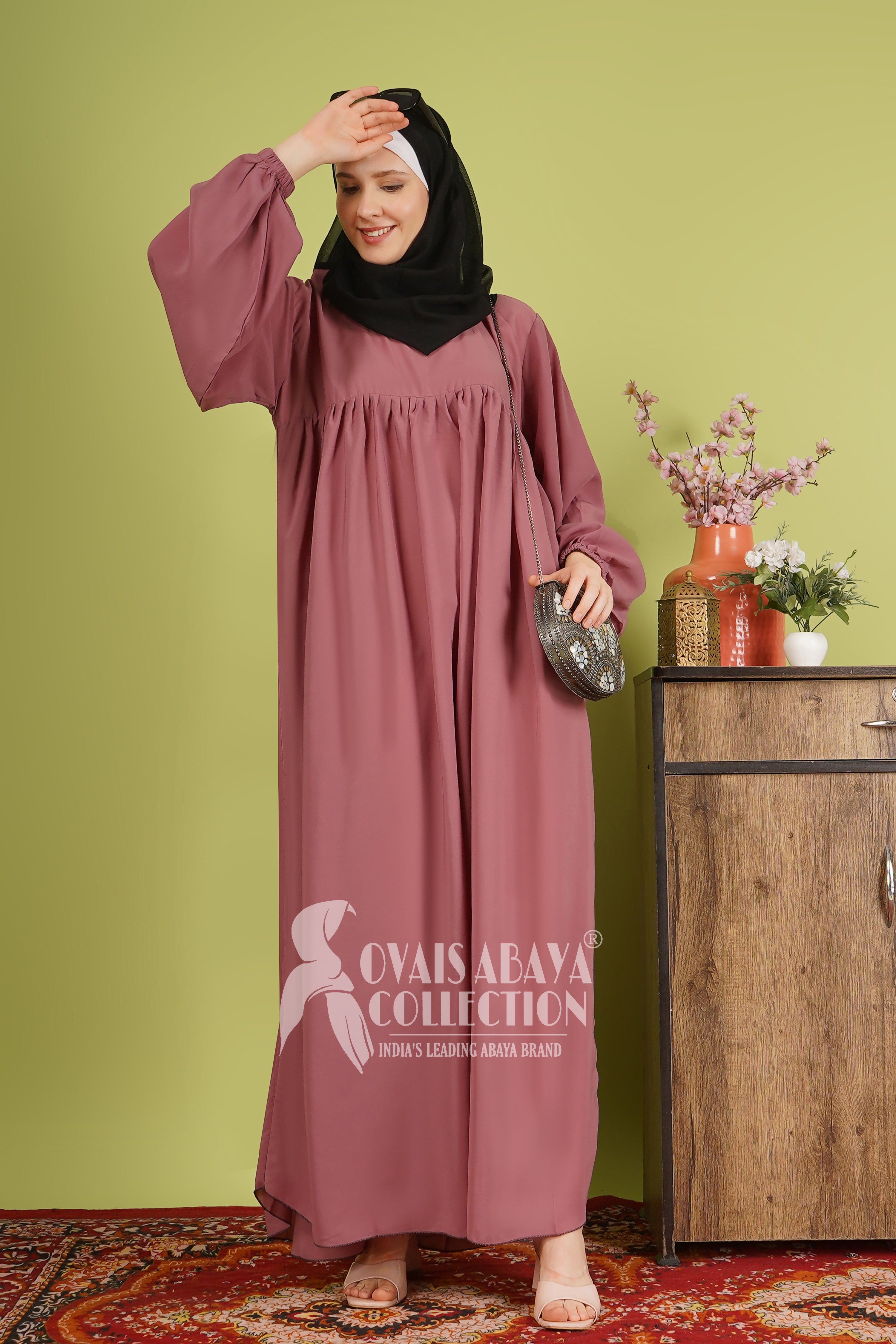 Maryam Pleated Balloon Sleeve Abaya DUSTY PINK ( New Launch )