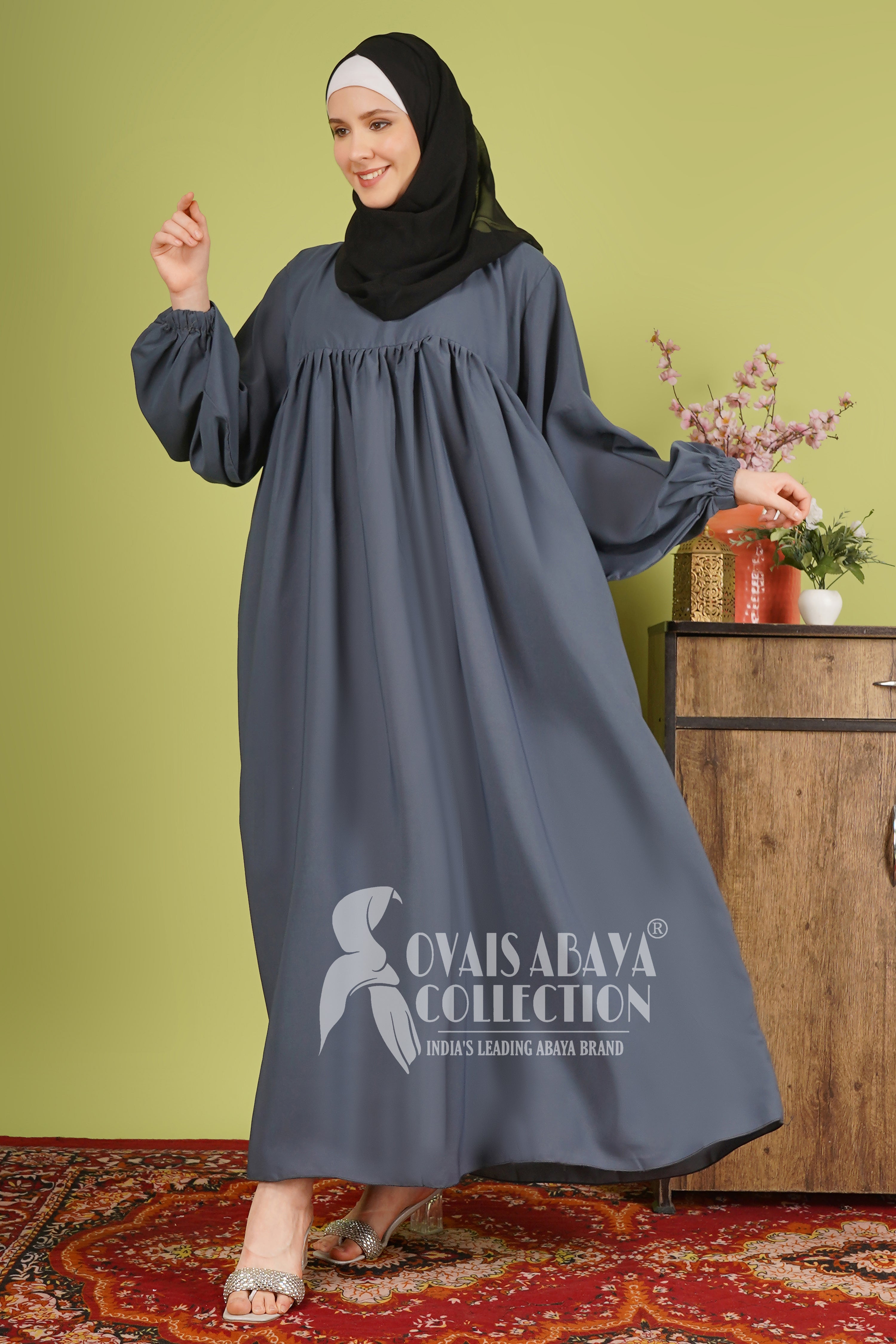 Maryam Pleated Balloon Sleeve Abaya DD GRAY ( New Launch )