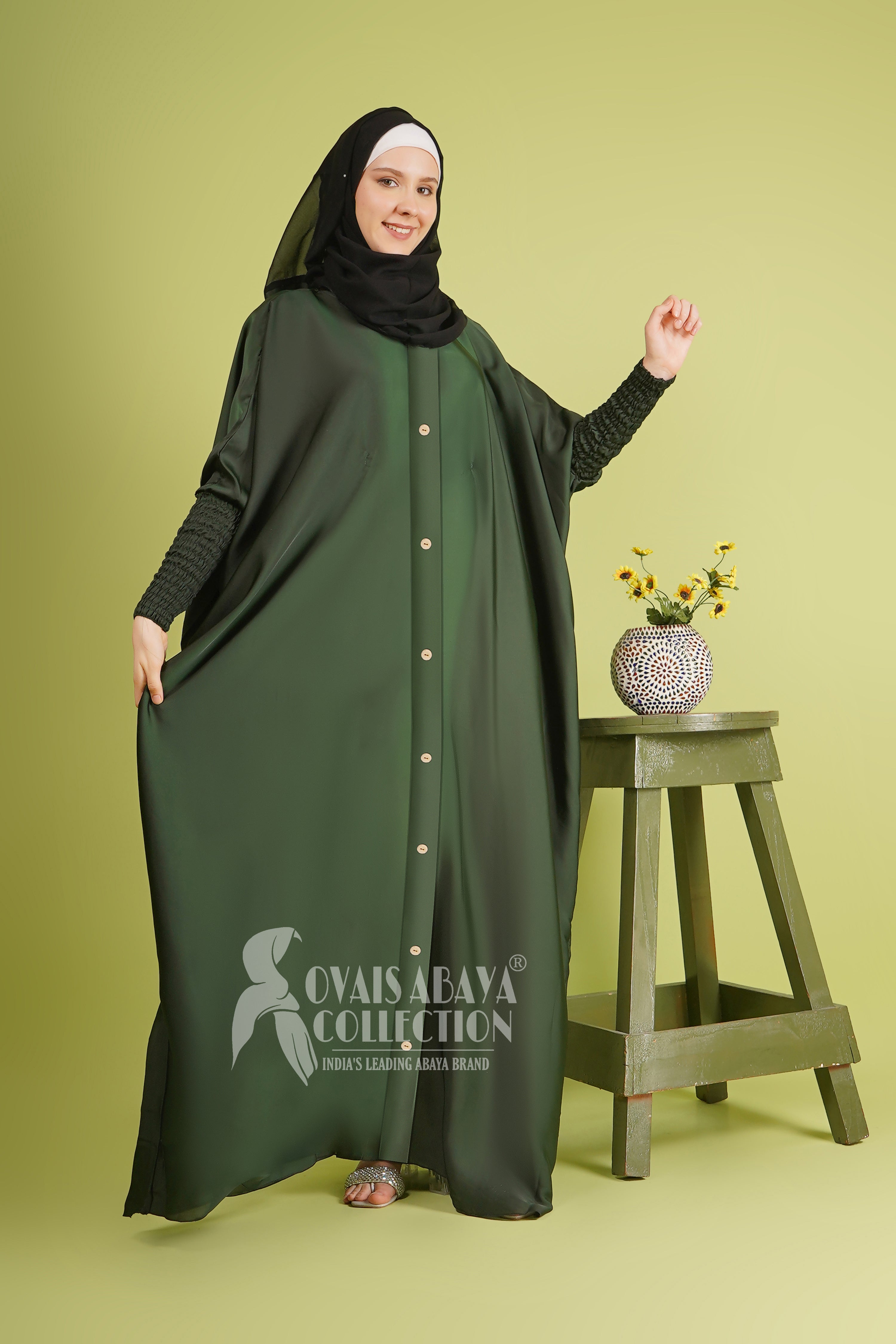 Shaziya puff Sleeves Button Kaftan Abaya - GREEN ( New Launch )