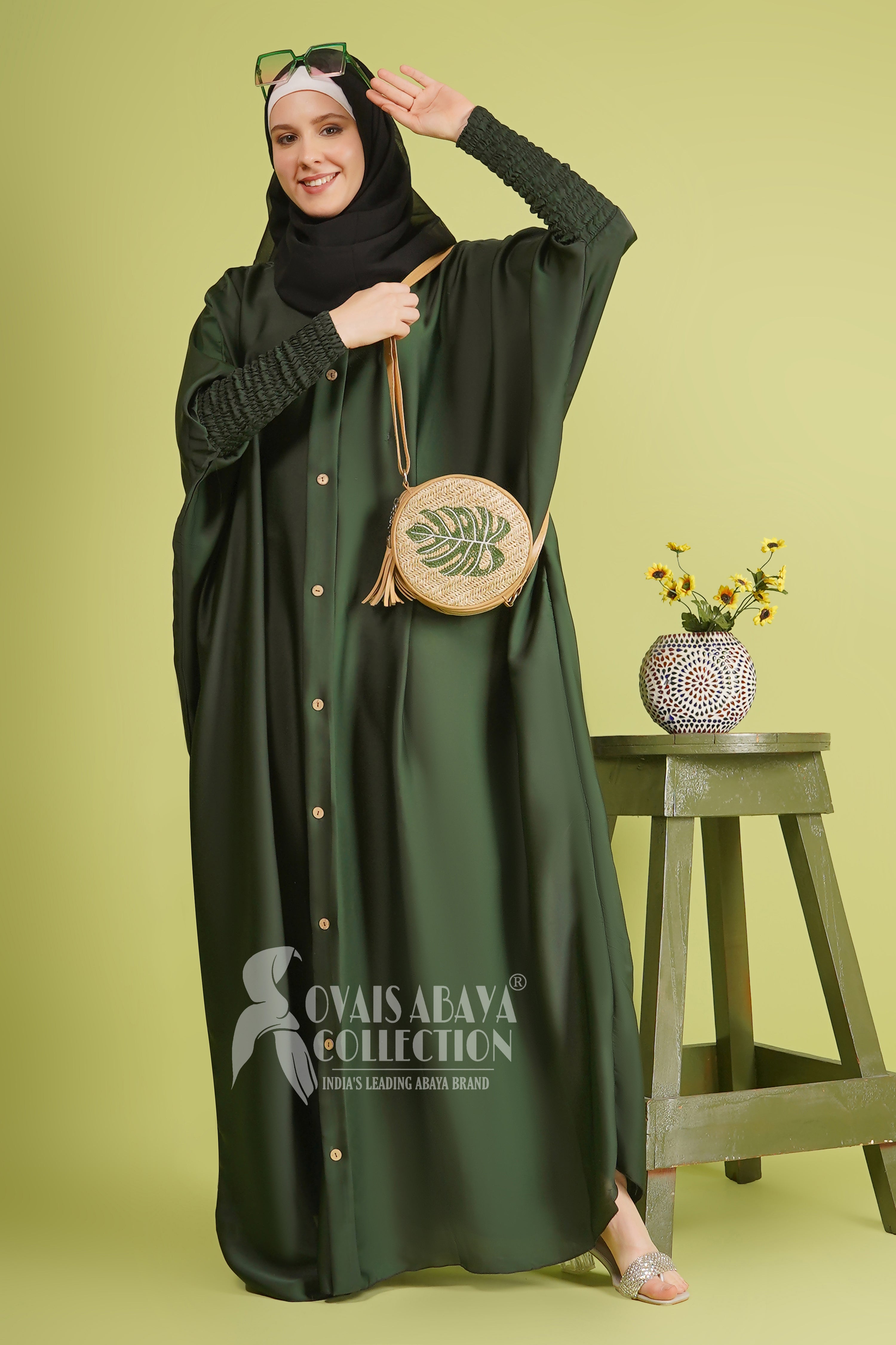 Shaziya puff Sleeves Button Kaftan Abaya - GREEN ( New Launch )